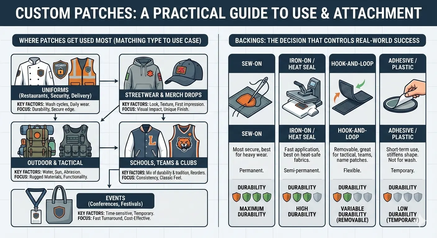Guide to custom patch use cases and backing attachment methods including sew-on, iron-on, and hook-and-loop.