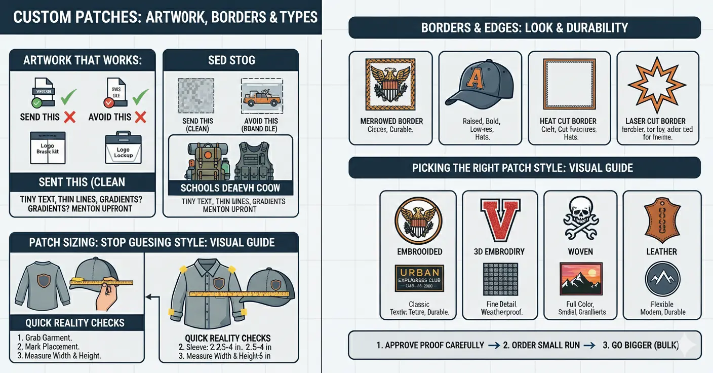 Technical guide for custom patches: artwork requirements, sizing measurements, border types, and a visual comparison of patch styles