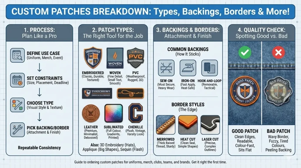 Infographic guide for custom patch types, backings, and borders, featuring a quality checklist for uniforms and branding.