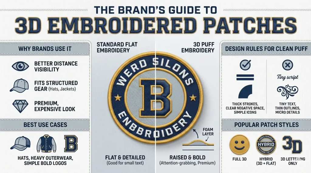Infographic guide comparing standard flat embroidery versus 3D puff embroidery patches, detailing brand benefits and design rules.
